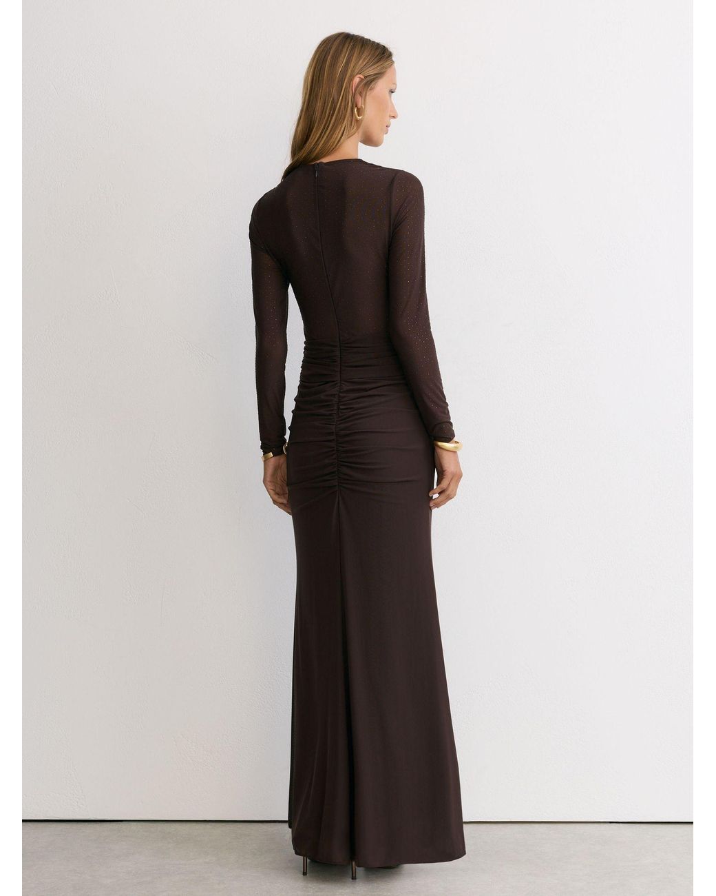 Reiss White Tess - Chocolate Brown Crystal-detail Mesh Draped Maxi Dress, 12