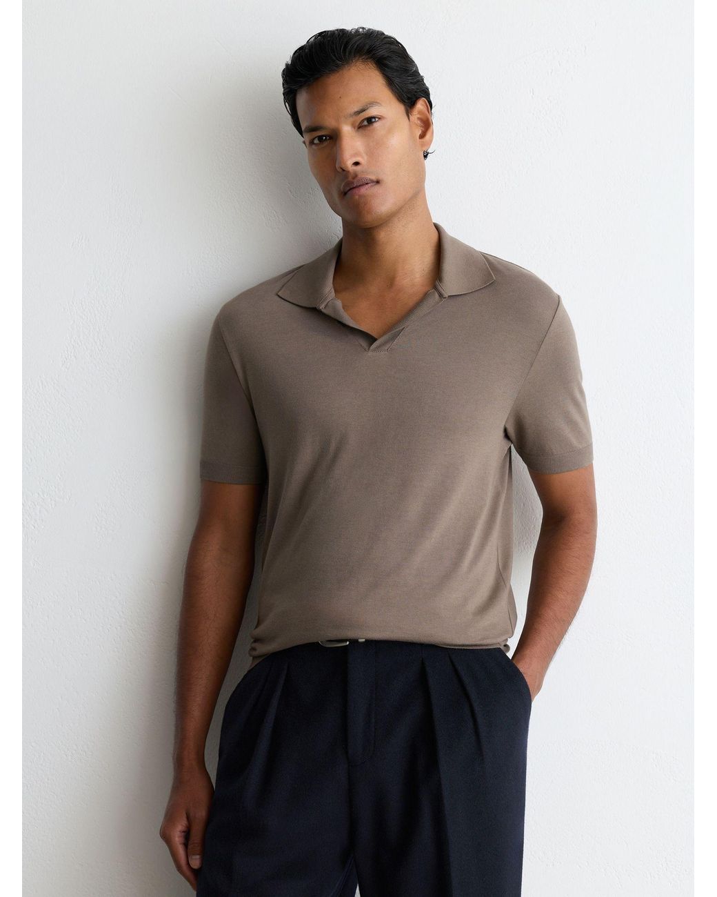 Reiss Gray Todd - Mouse Brown Cotton-modal Open-collar Short-sleeve Polo Shirt, Xl for men