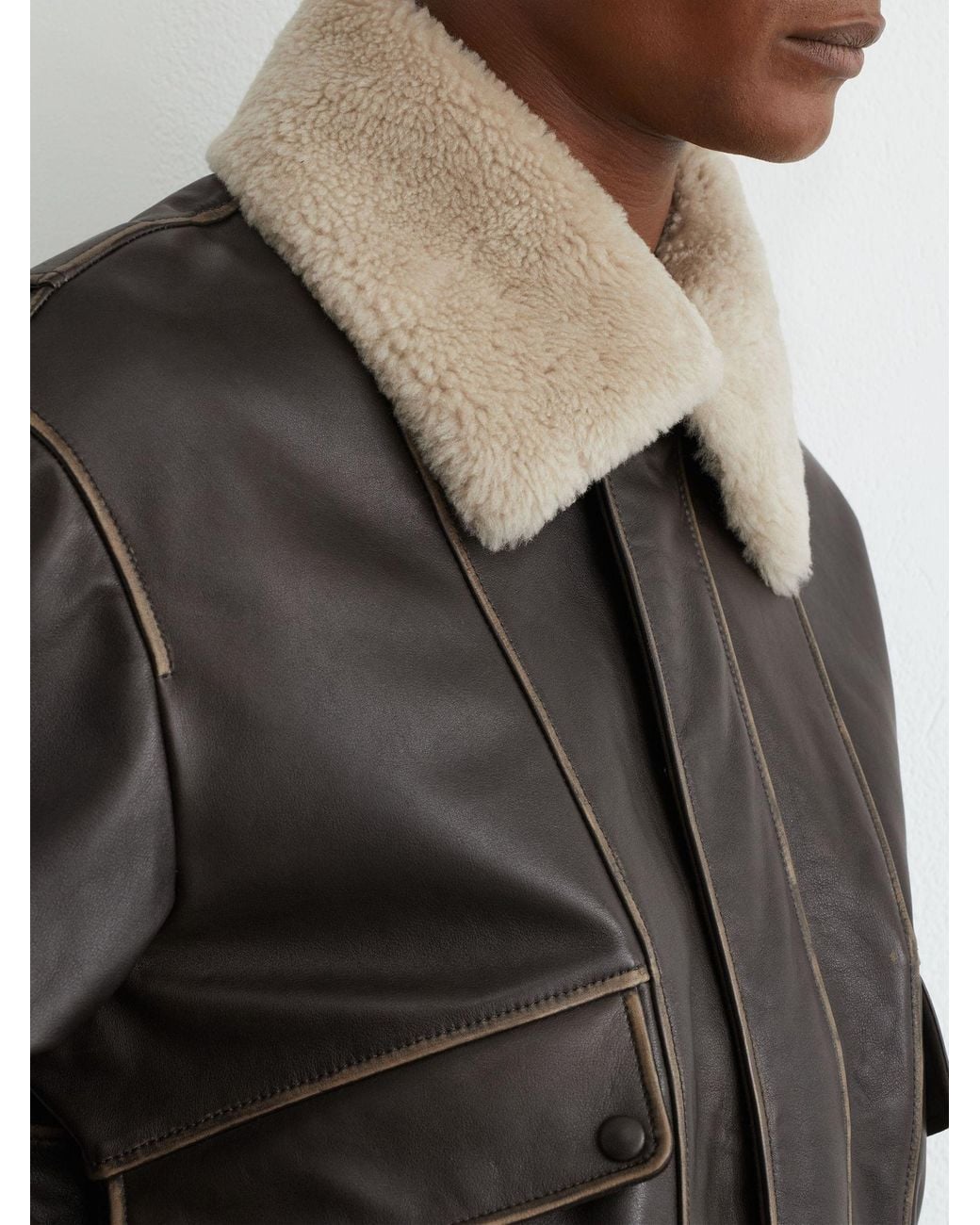 Reiss Blue Leather Shearling-Collar Aviator Jacket for men