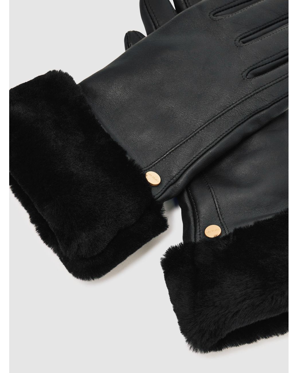 Reiss Black Shearling Cuff Leather Gloves, M & L