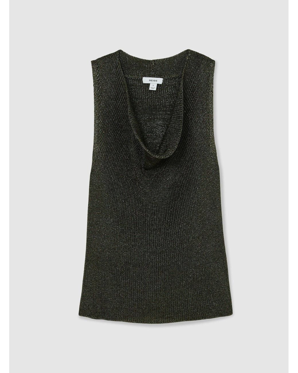 Reiss Black Simone - Green Cowl-neck Metallic-knit Sleeveless Top, S (us 4-6)