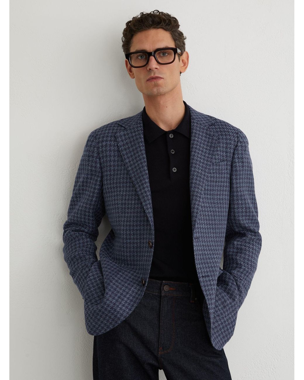 Reiss Blue Wool-Blend Single-Breasted Check Blazer With Linen for men