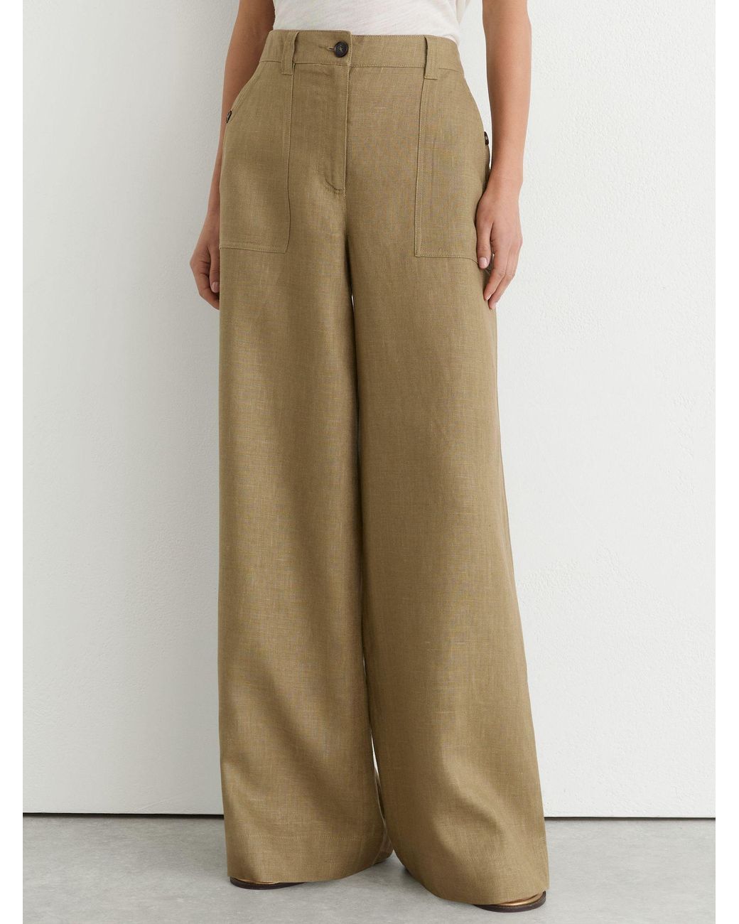 Reiss Metallic Ashby - Light Khaki Green Petite Linen Wide Leg Trousers, Us 8