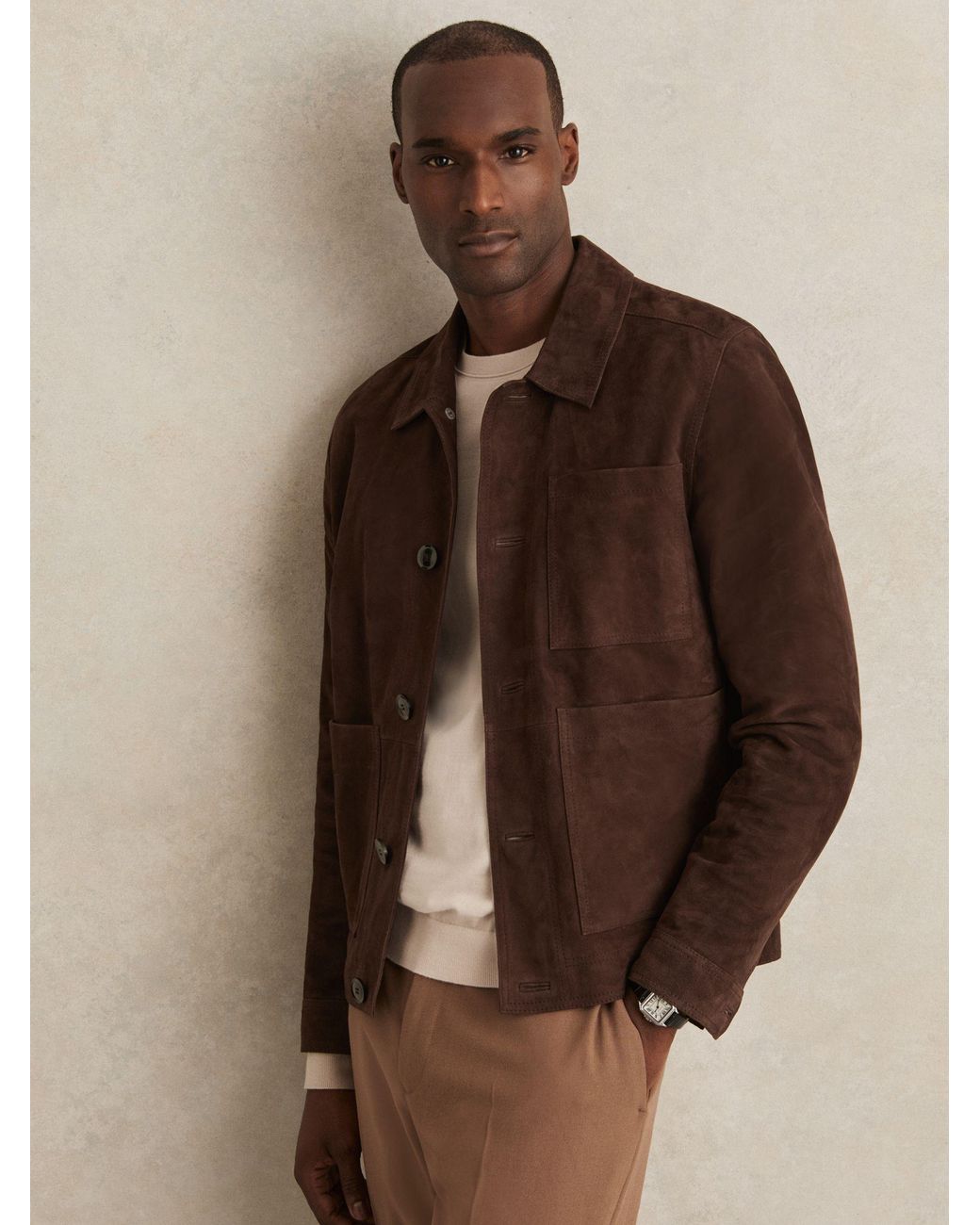 Reiss Brown Suede Button-Through Trucker Jacket for men