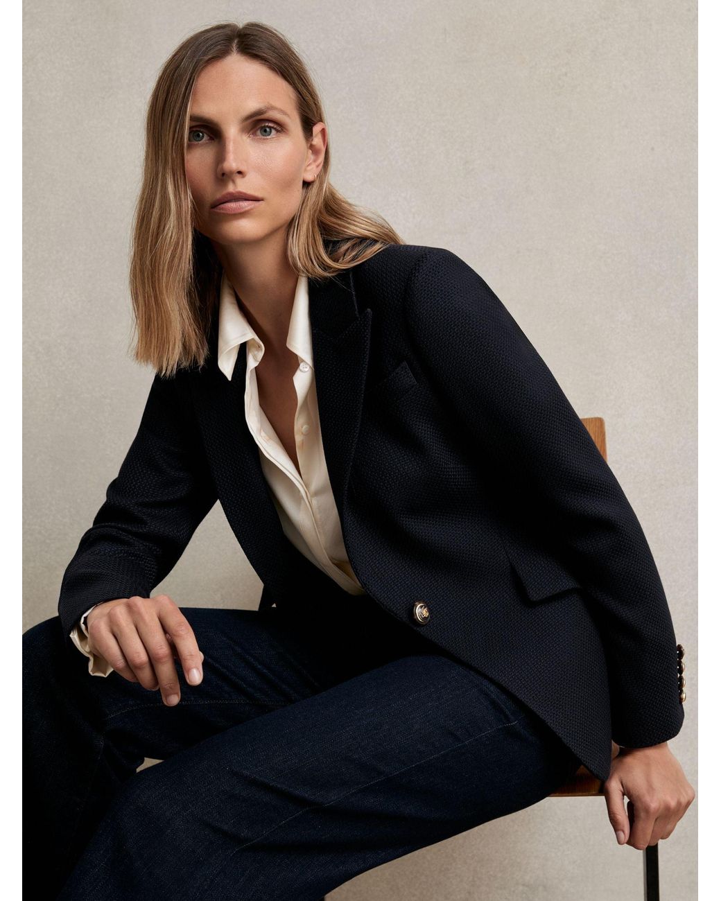 Reiss Blue Single-Breasted Textured Blazer Wool-Blend