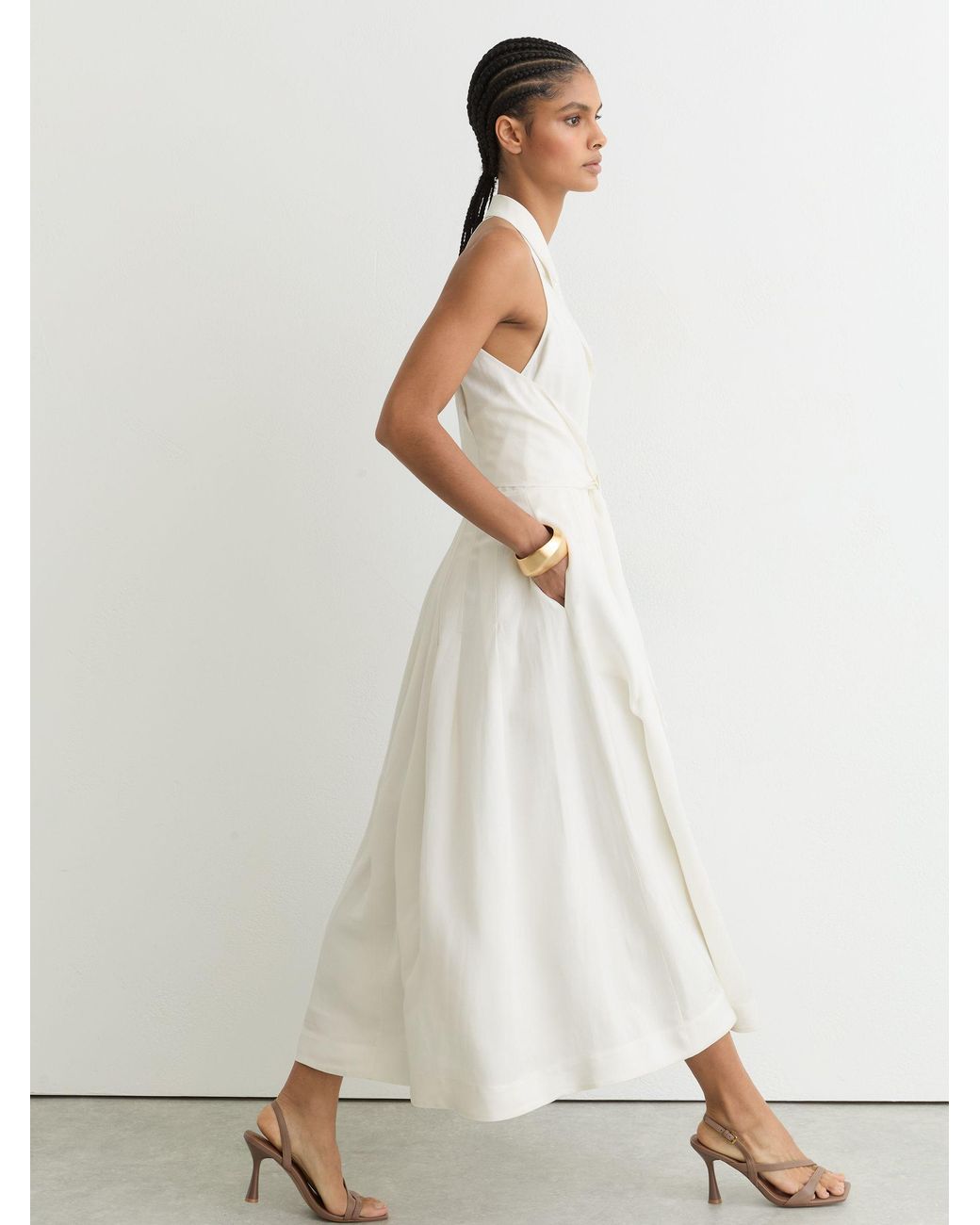 Reiss White Sleeveless Tie-Front Midi Dress With Linen