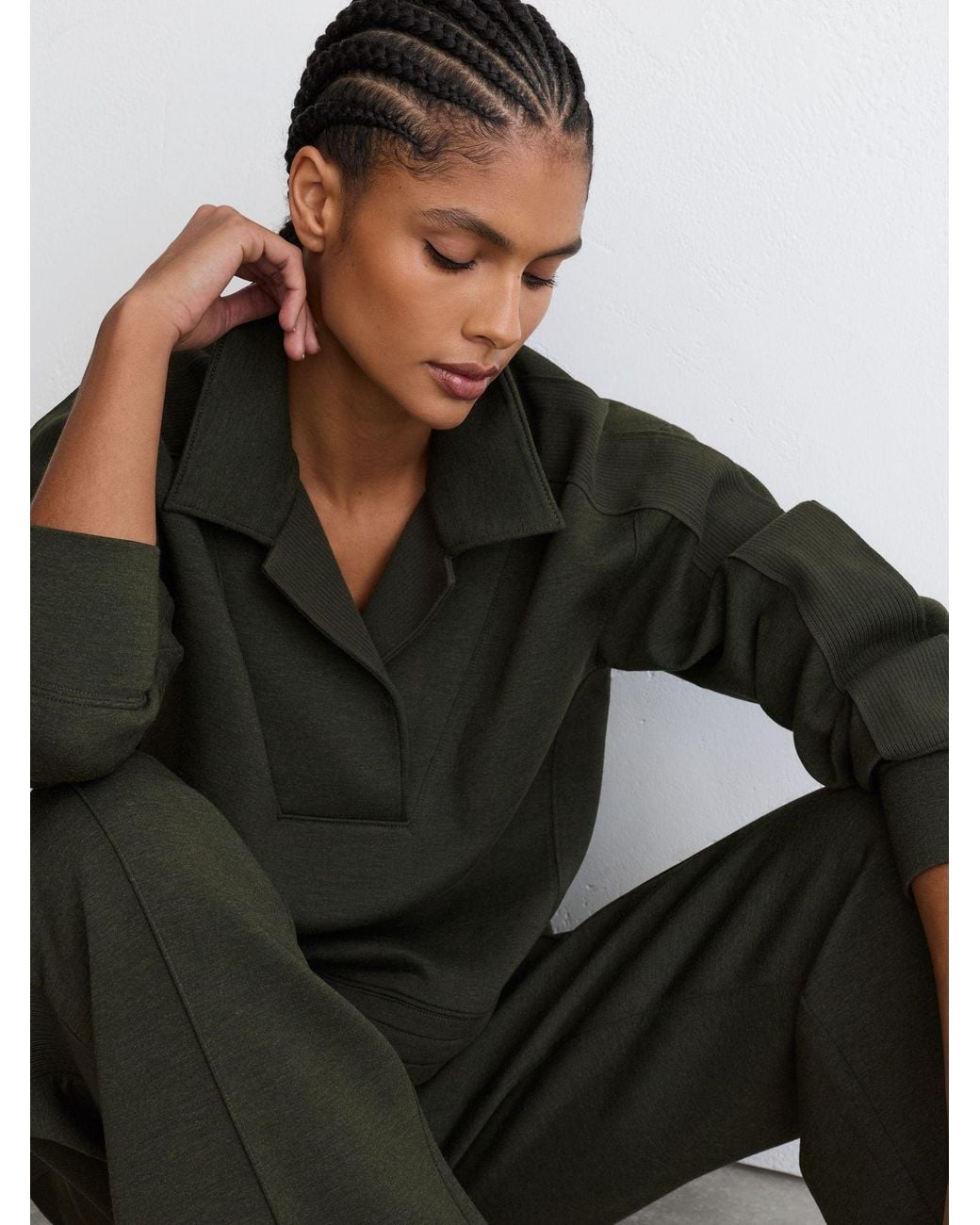 Reiss Green Premium Interlock Collared Rib-Detail Sweatshirt