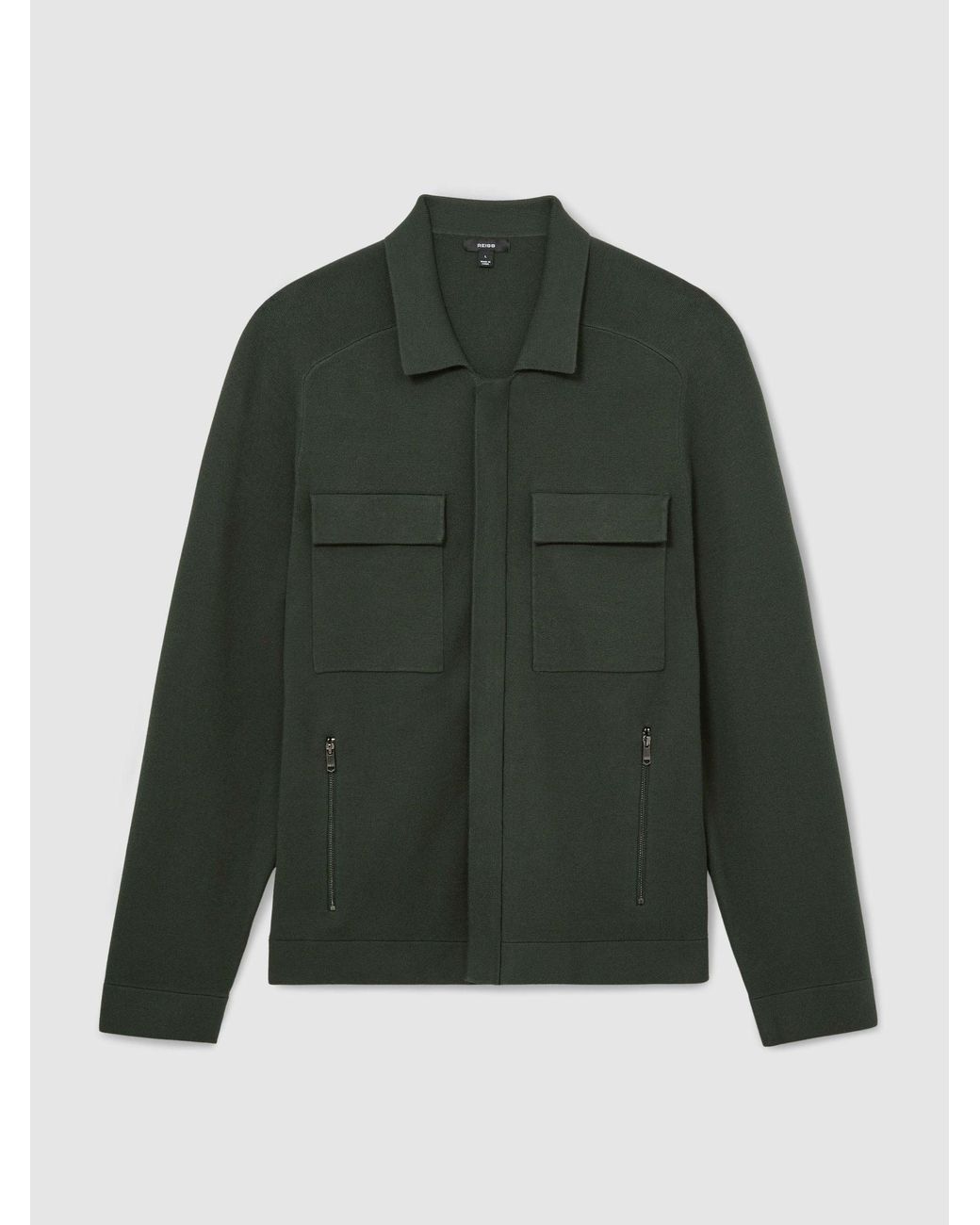 Reiss Green Twin-Pocket Concealed-Placket Knitted Jacket for men