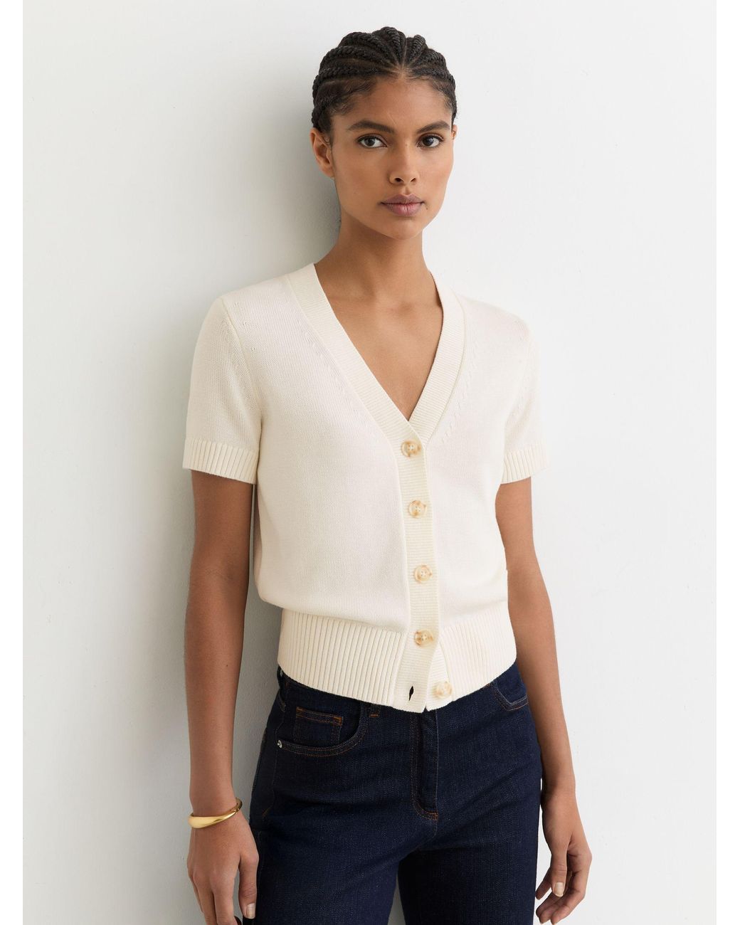 Reiss White V-Neck Short-Sleeve Cardigan Cotton-Wool
