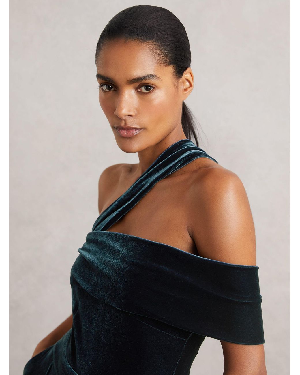 Reiss White Daria - Teal Green Velvet One-shoulder Wide-leg Jumpsuit, Us 14