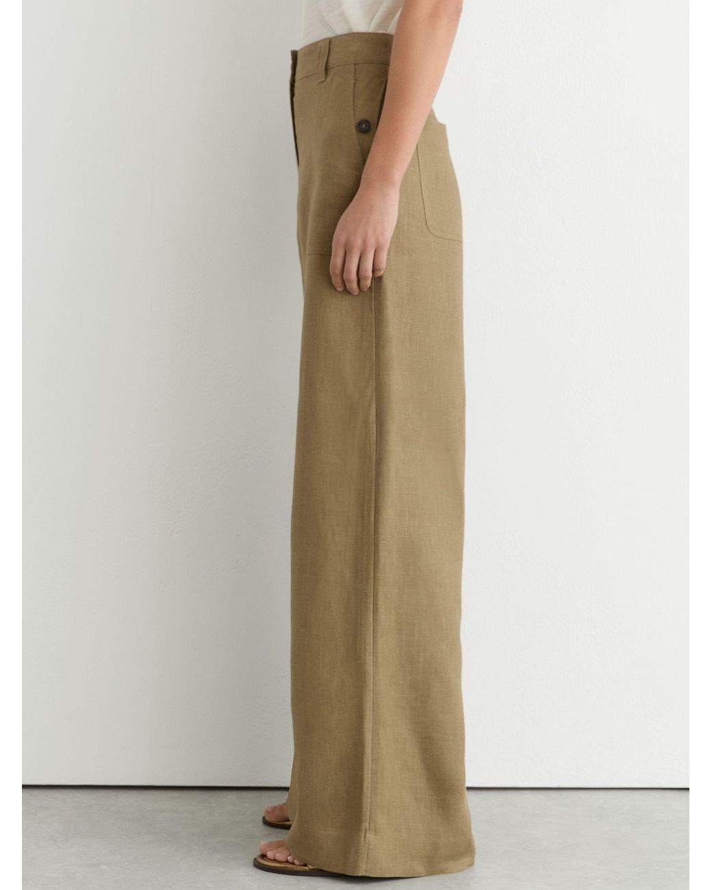 Reiss Metallic Ashby - Light Khaki Green Petite Linen Wide Leg Trousers, Us 8