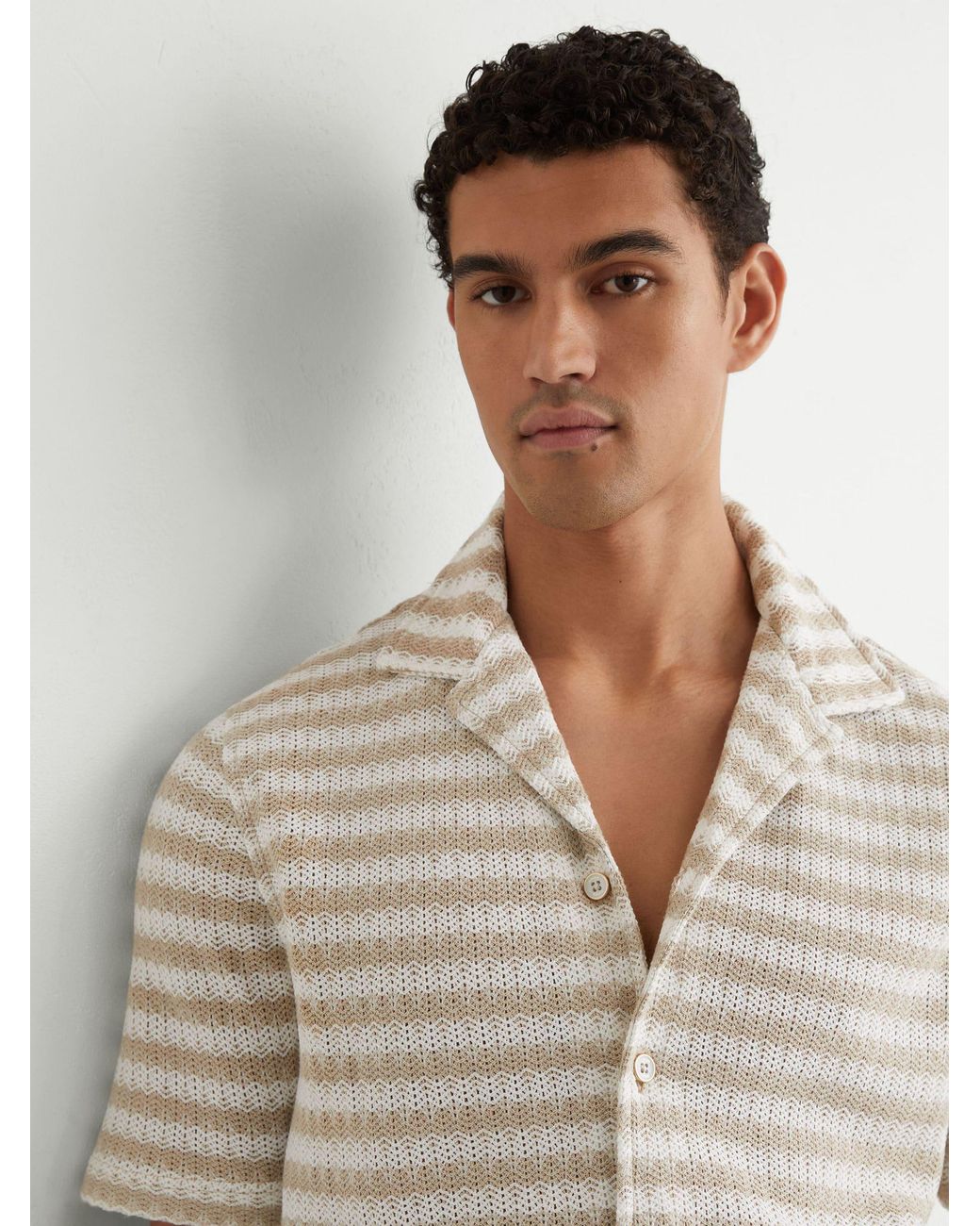 Reiss White Oatmeal Striped Crochet Cuban-Collar Shirt for men