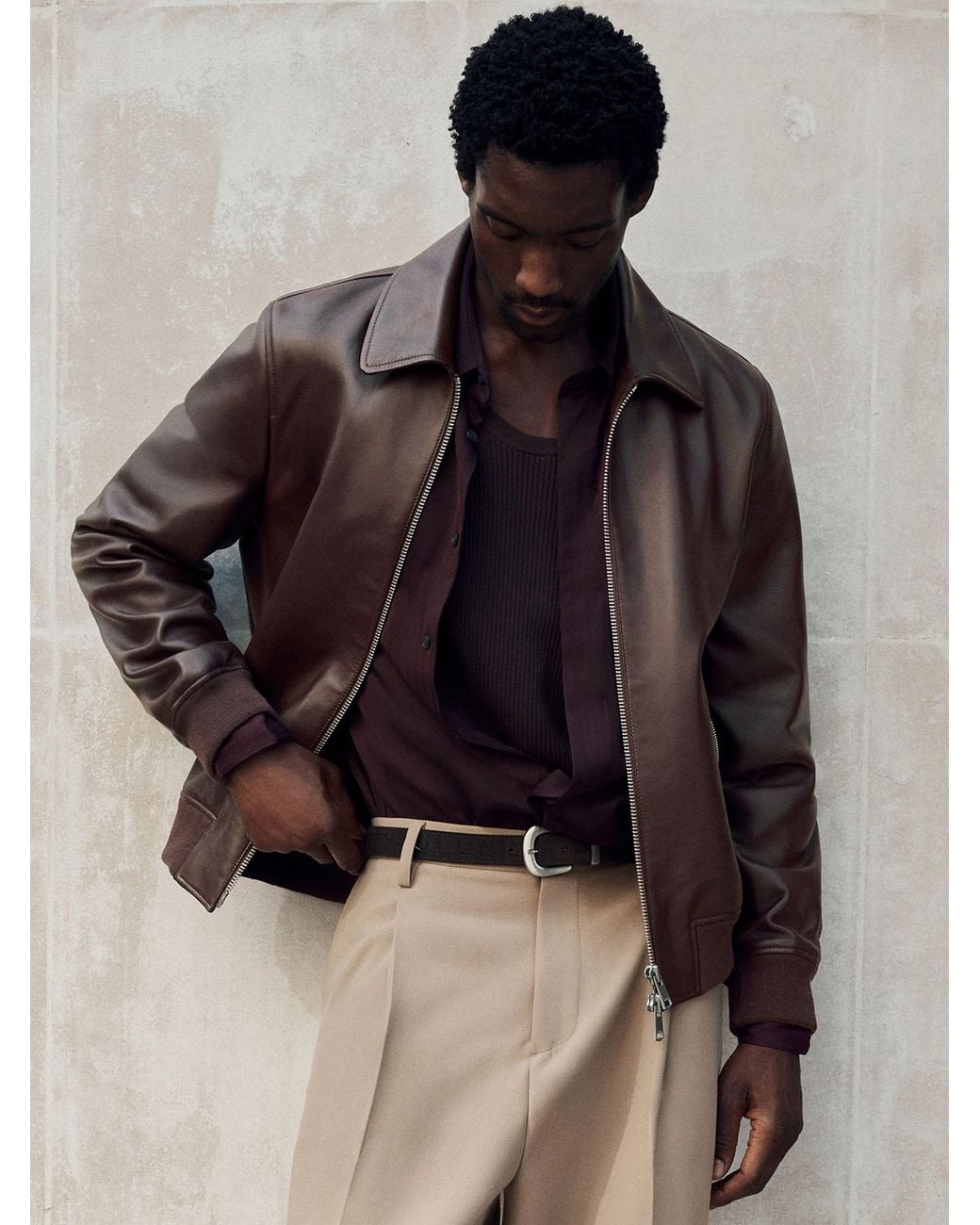 Reiss Brown Leather Zip-Through Collared Bomber Jacket for men