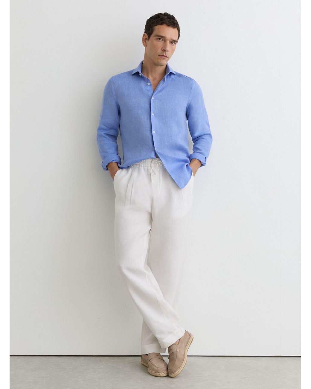 Reiss Blue Linen Cutaway-Collar Regular-Fit Shirt for men
