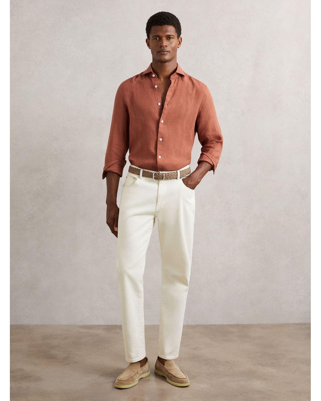 Reiss Red Linen Cutaway-Collar Shirt for men