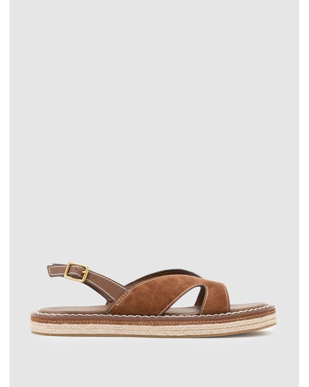 Reiss Brown Suede Contrast-Stitch Flat Sandals