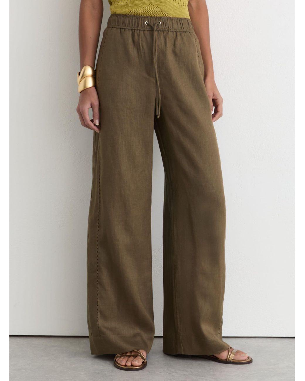 Reiss Multicolor Riley - Khaki Green Linen Ladder-embroidery Wide-leg Trousers, Us 14 Regular