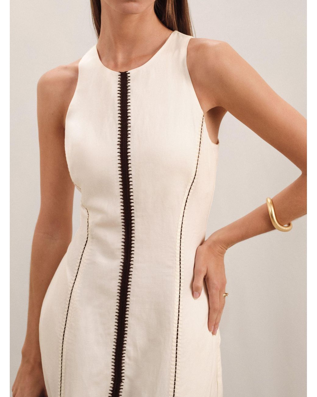 Reiss Natural Inaya - Ivory/black Craft-stitch Sleeveless Midi Dress, Us 4