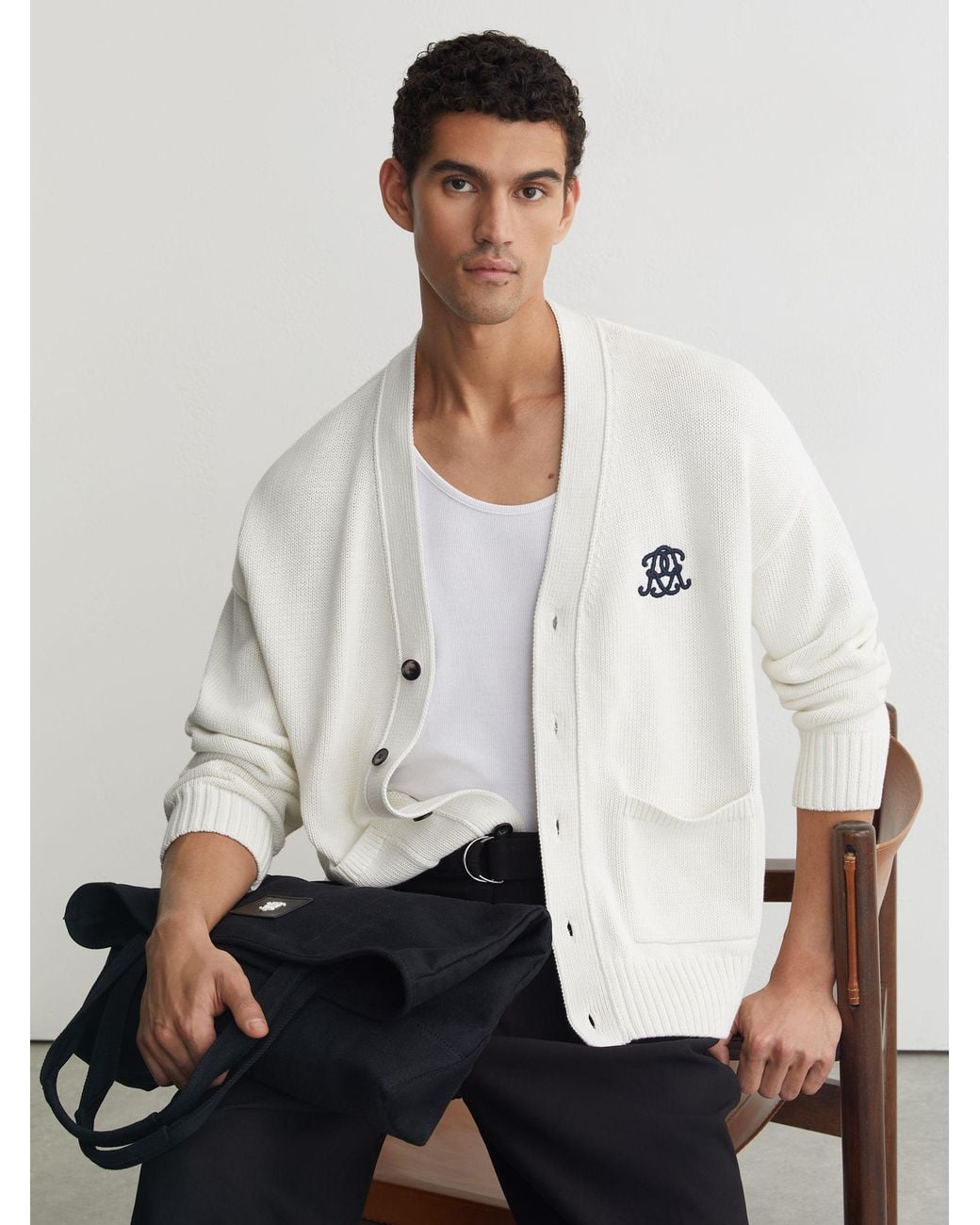 Reiss White Coates Monogram-Embroidered Relaxed Cardigan for men