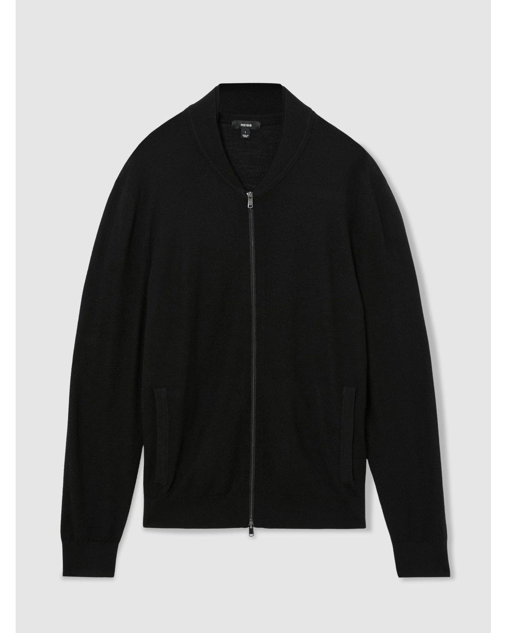 Reiss Black Merino Wool Textured Bomber Cardigan for men