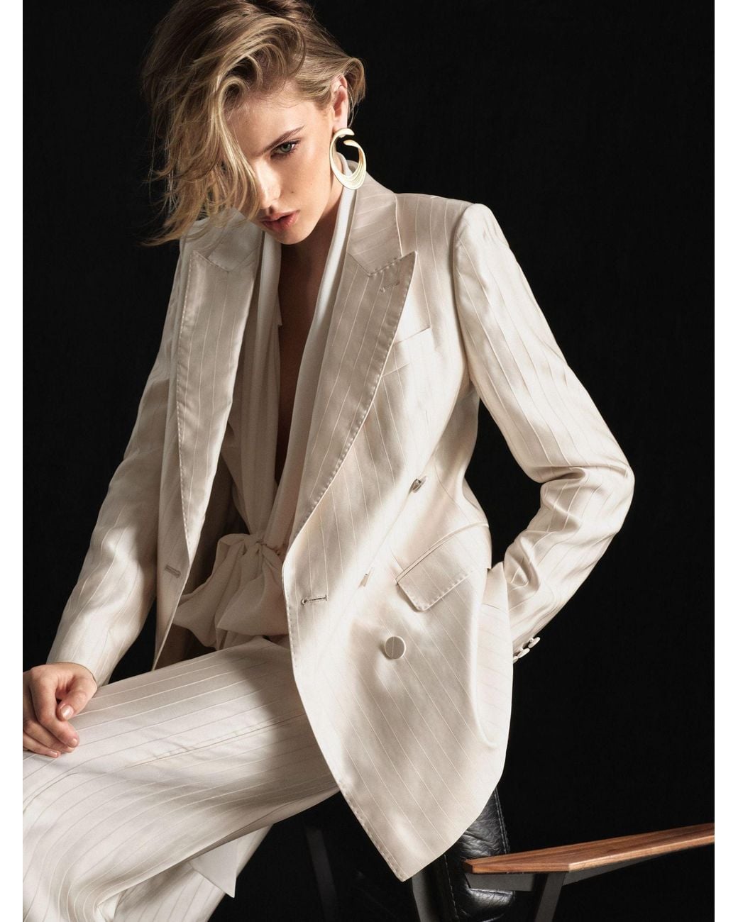ATELIER Black Satin Pinstripe Double-Breasted Blazer