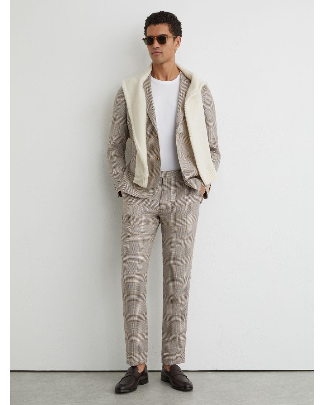 Reiss White Tailored Fit Linen-Wool Check Suit Trousers for men