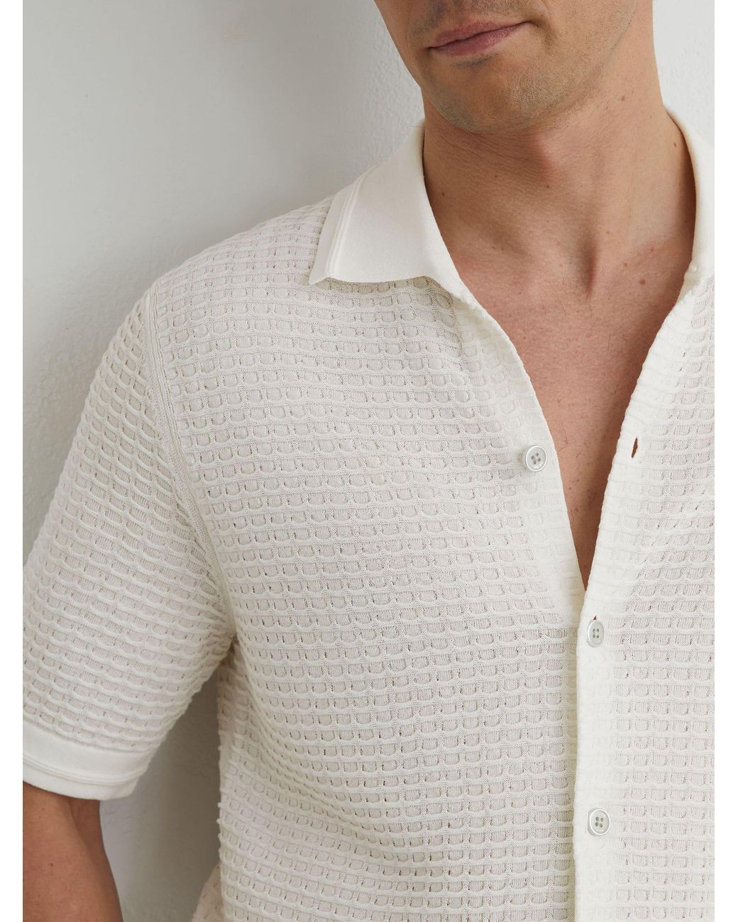 Reiss White Textured-Knit Button-Through Shirt for men