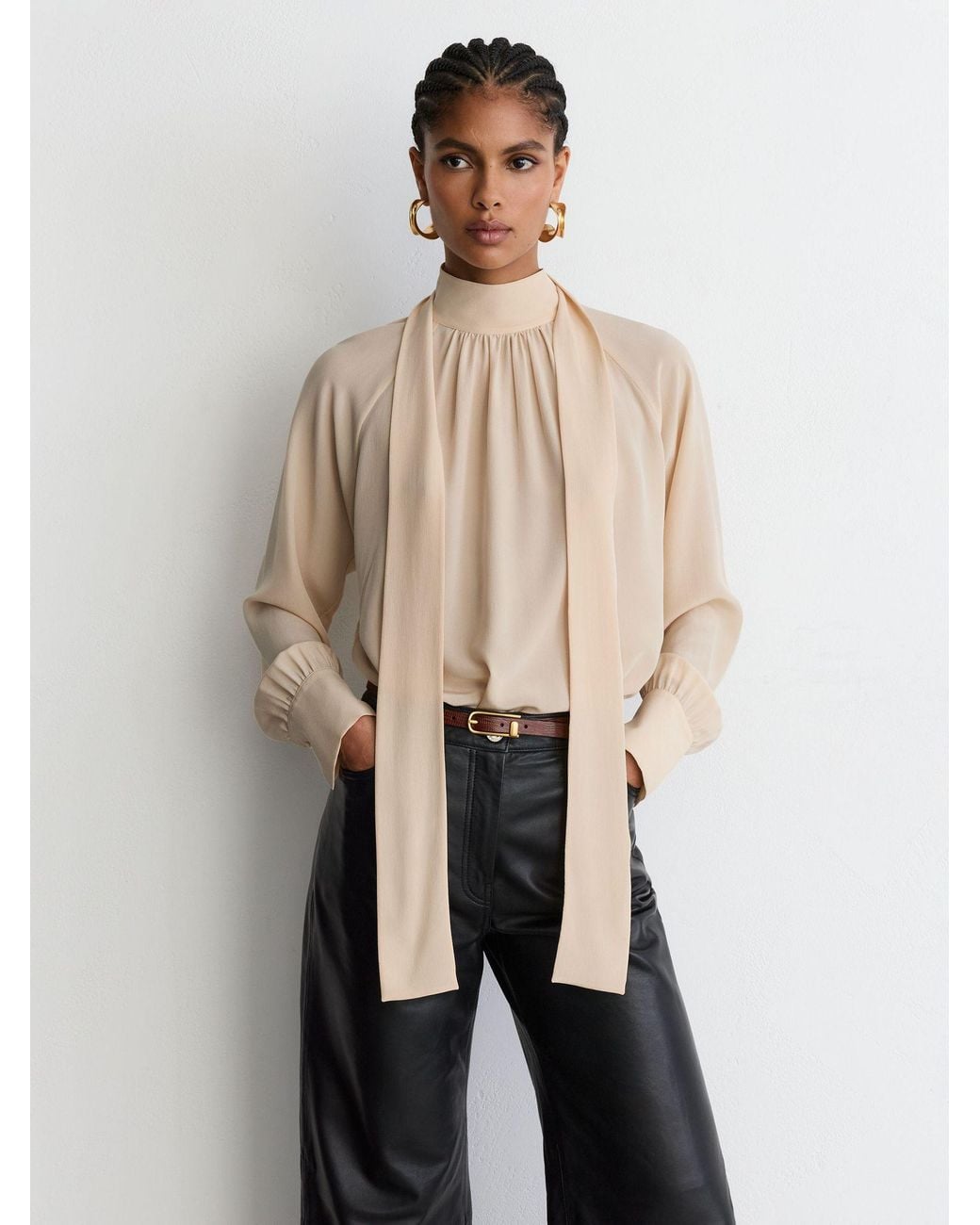 Reiss Natural Lila - Peach Orange Silk Tie-neck Long-sleeve Blouse, Us 2