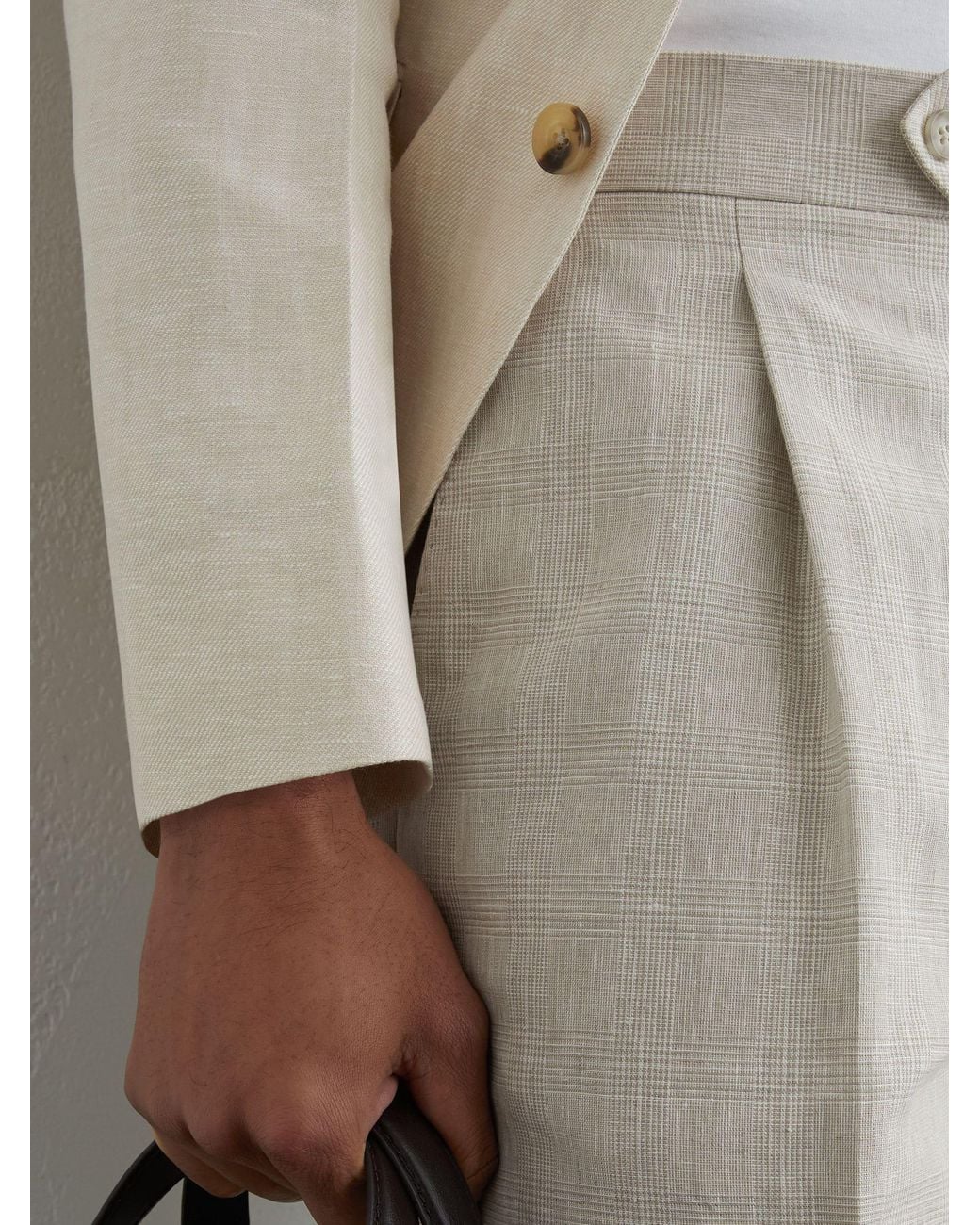 Reiss White Linen-Cotton Check Tapered Trousers for men