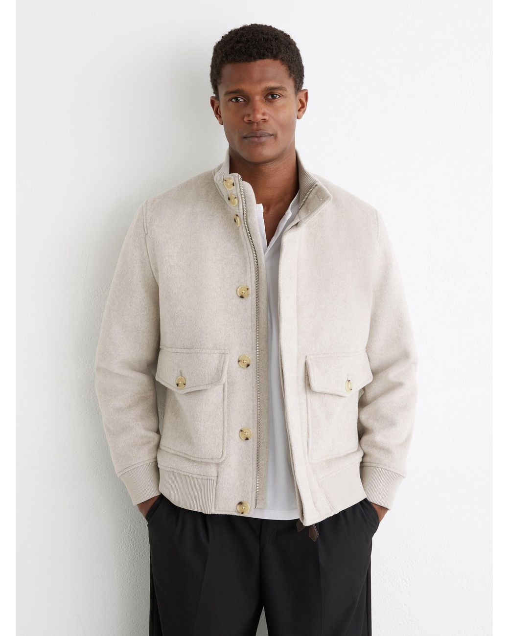 Reiss White Wool-Blend Funnel-Neck Bomber Jacket for men