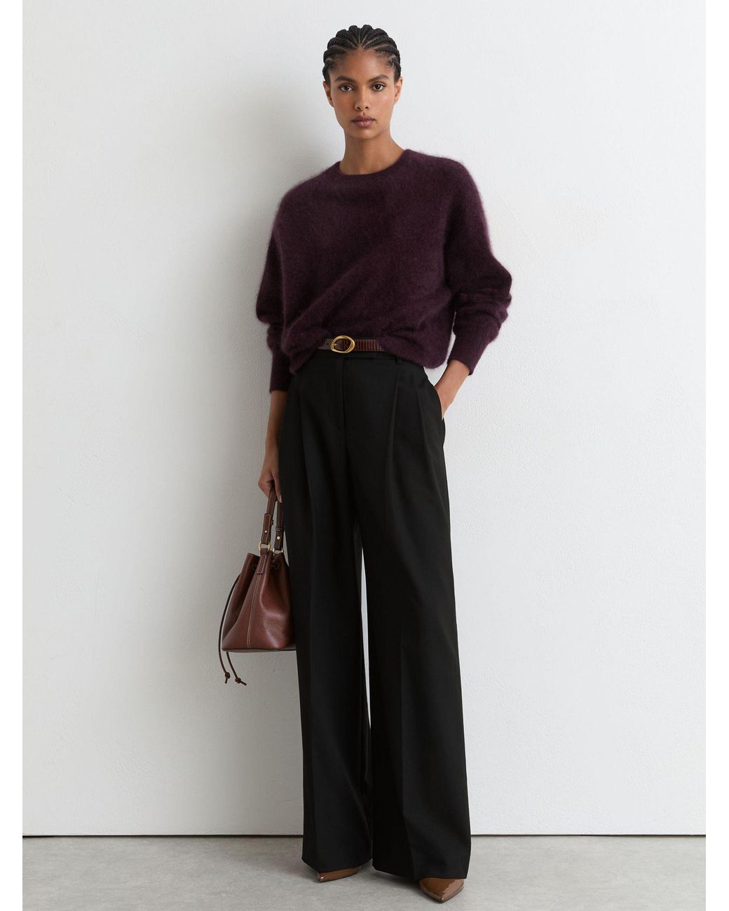 Reiss Black Wool-Blend Wide-Leg Pleated Trousers