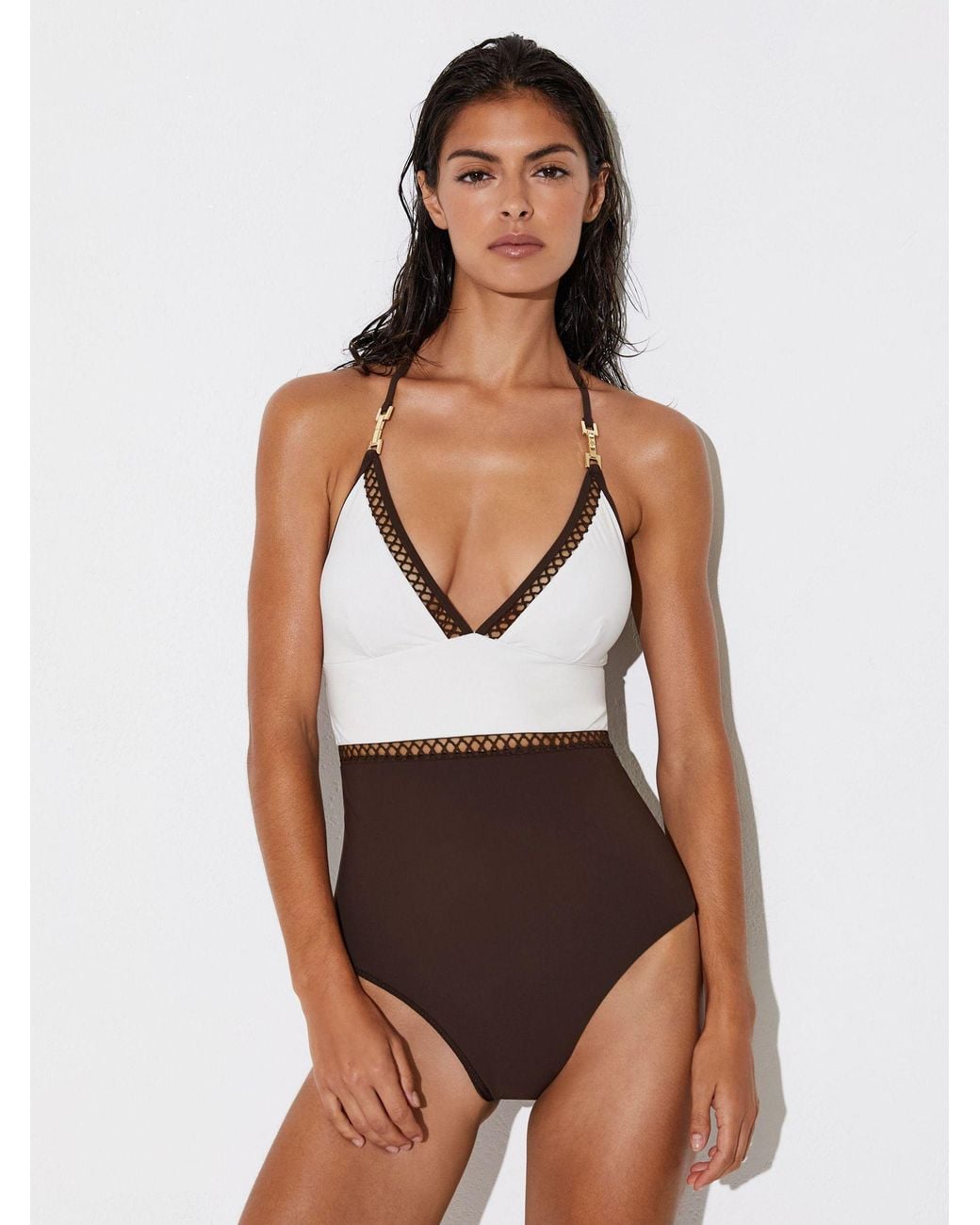 Reiss White Chocolate Colour-Block Lattice-Trim Swimsuit