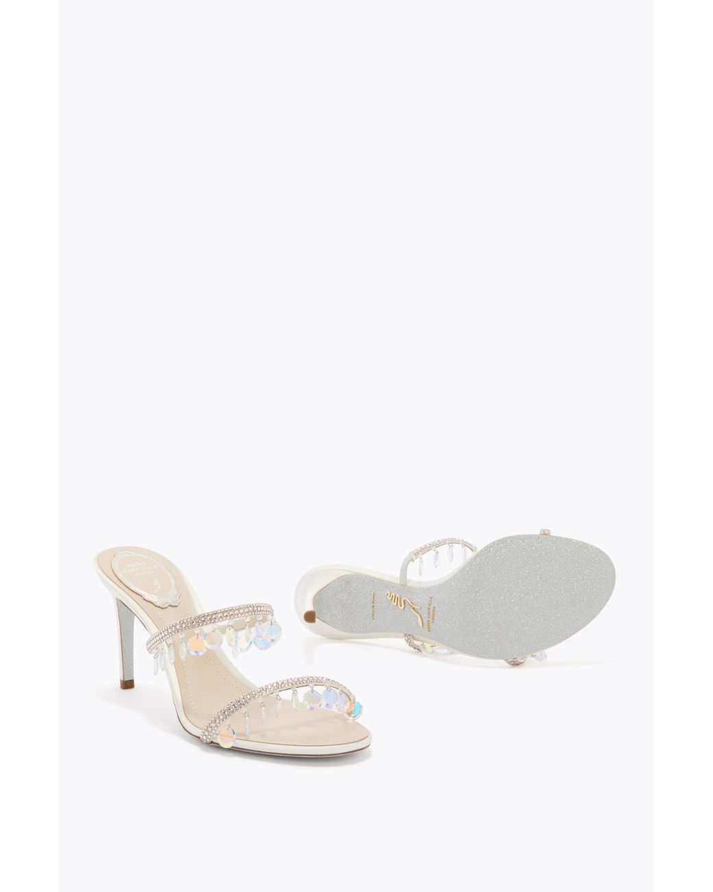 Rene Caovilla White Mule Chandelier Nude Con Maxi Cristalli Pendenti 80