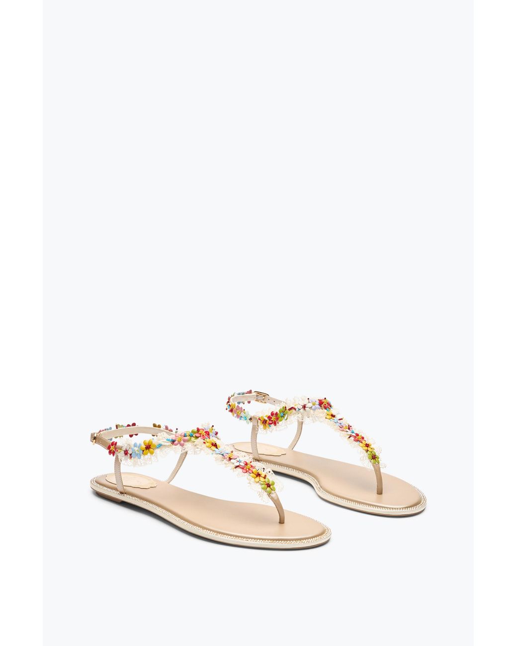 Rene Caovilla White Bloom Nude Flat Sandal 10