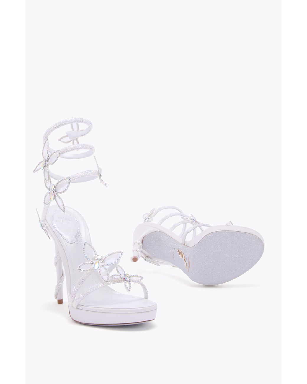 Rene Caovilla White Butterflower Ivory Satin-Lamb/Crystal-Transmissi Sandal