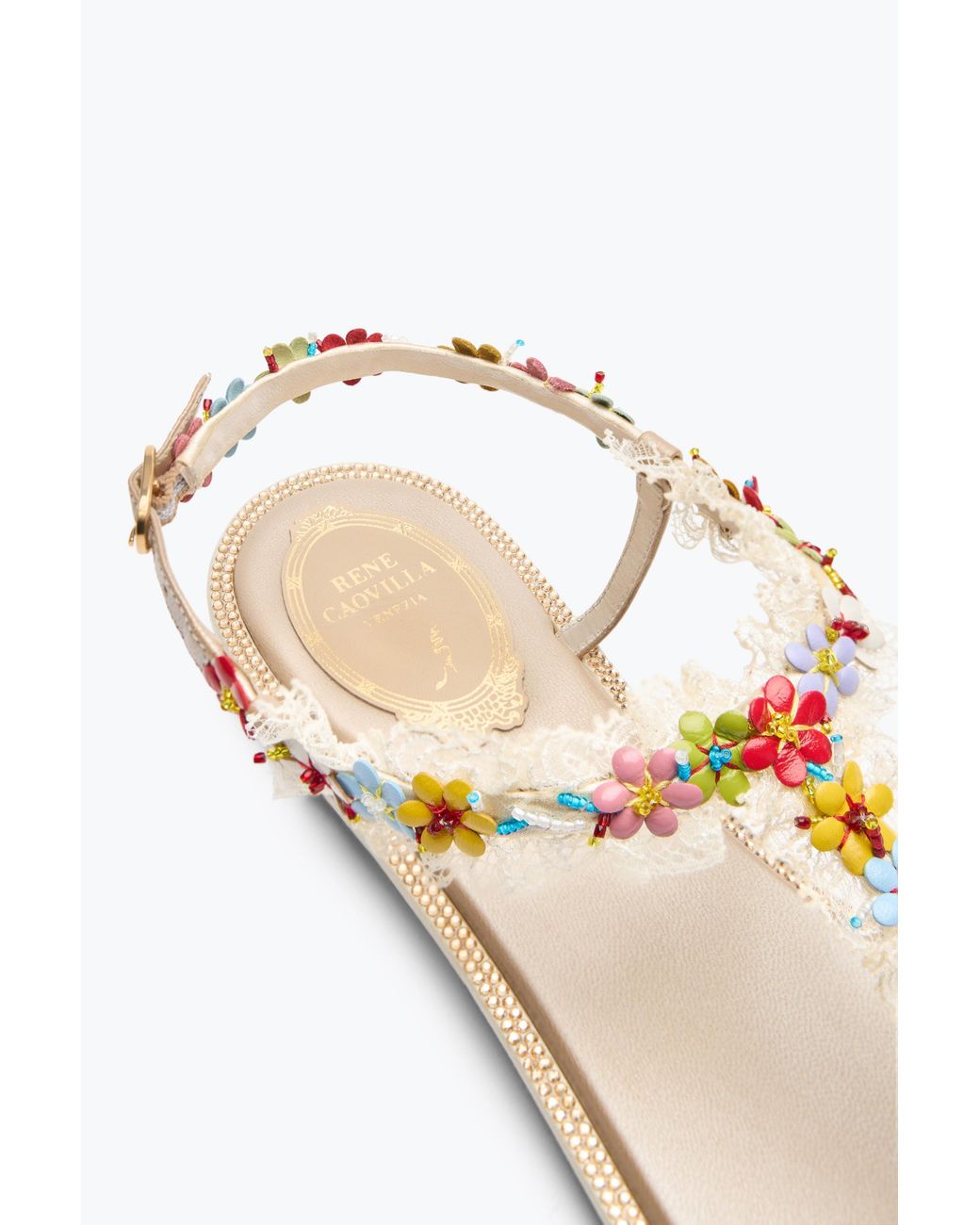 Rene Caovilla White Bloom Nude Flat Sandal 10