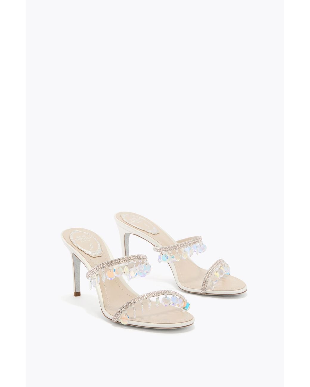 Rene Caovilla White Mule Chandelier Nude Con Maxi Cristalli Pendenti 80