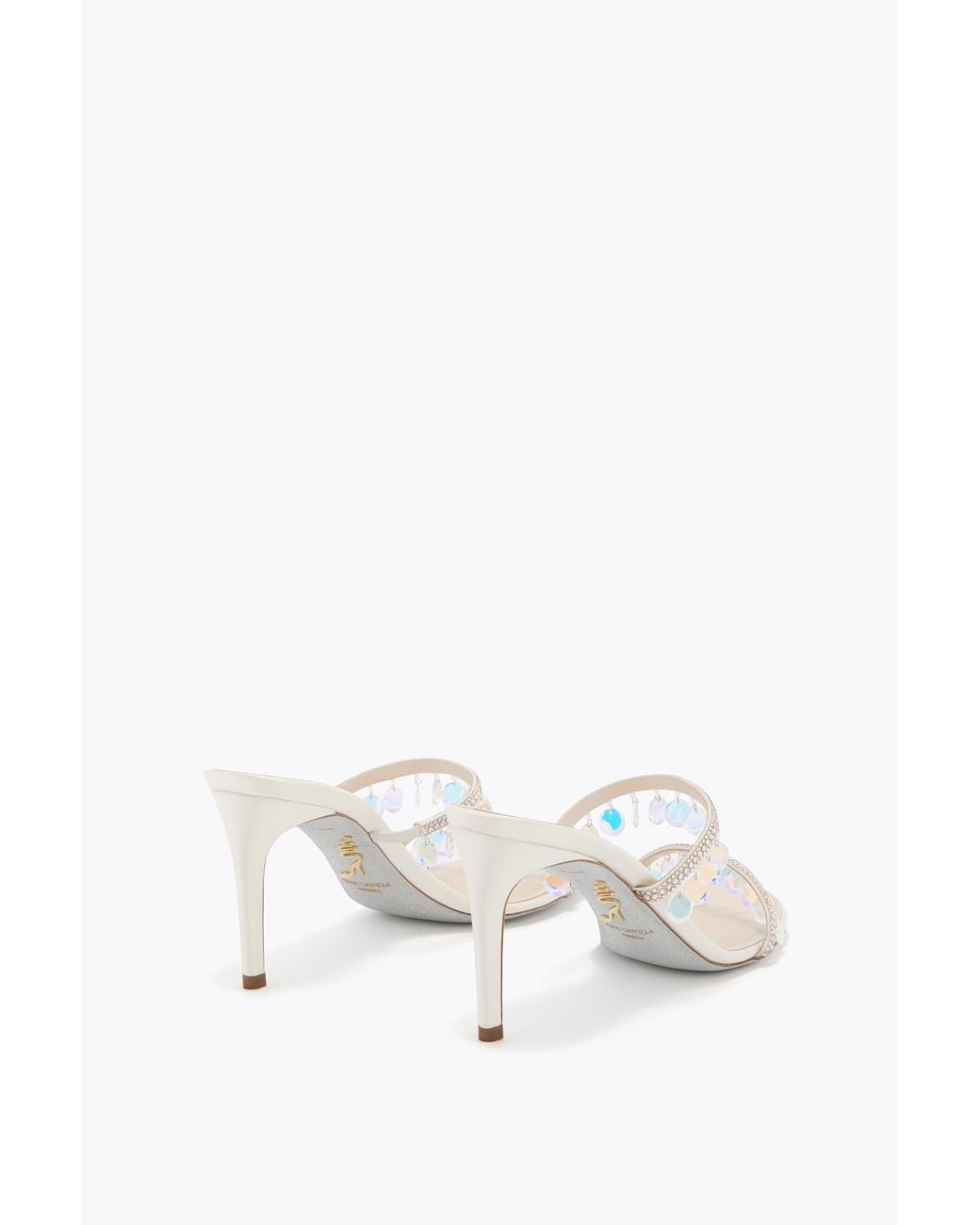 Rene Caovilla White Mule Chandelier Nude Con Maxi Cristalli Pendenti 80