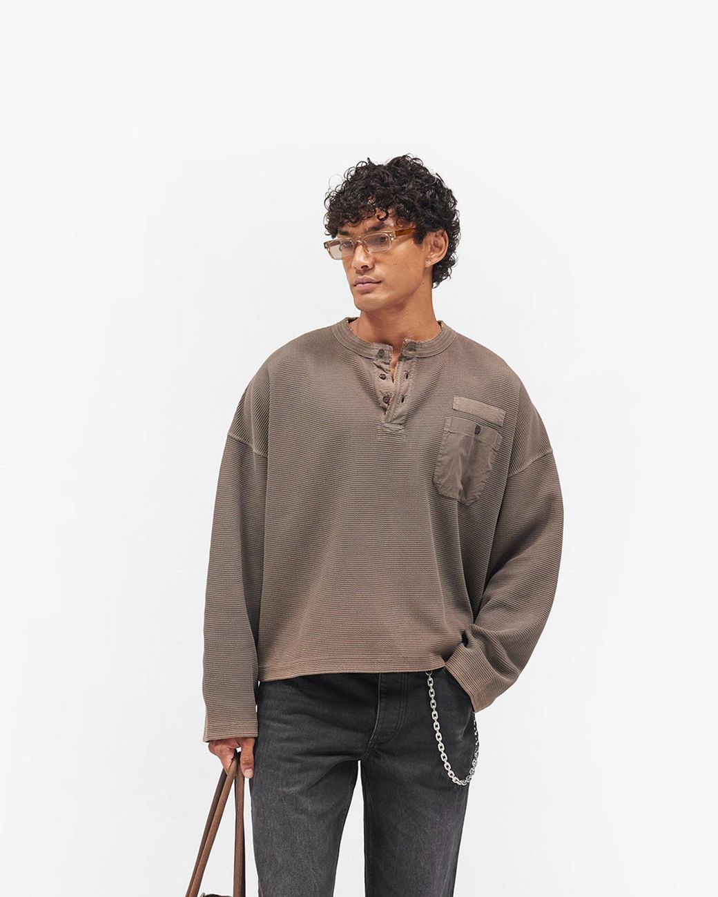 Represent Brown Heavyweight Henley Sweater for men