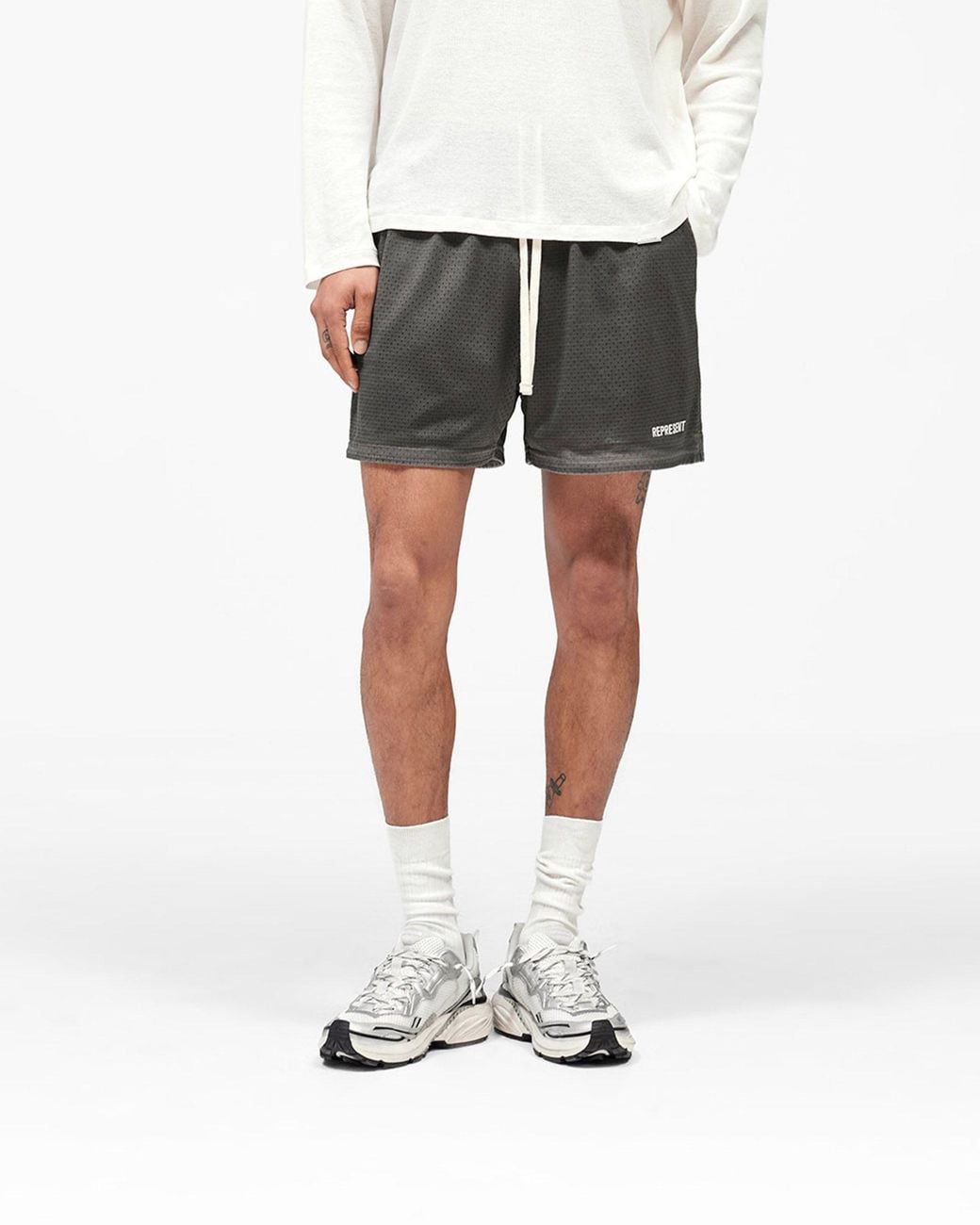 Represent Gray Washed Mesh Shorts for men