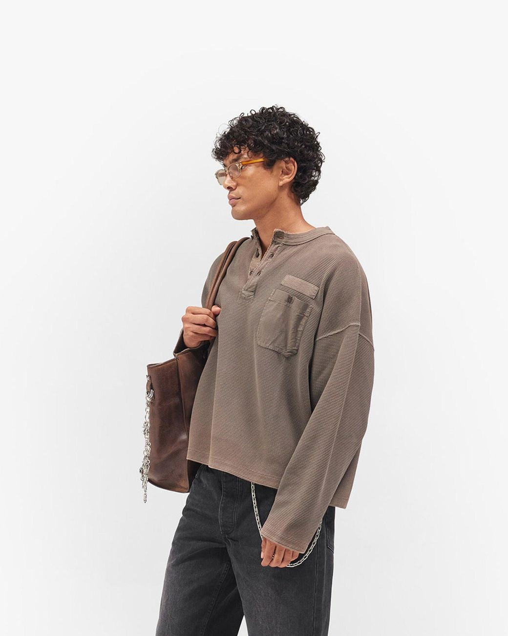 Represent Brown Heavyweight Henley Sweater for men