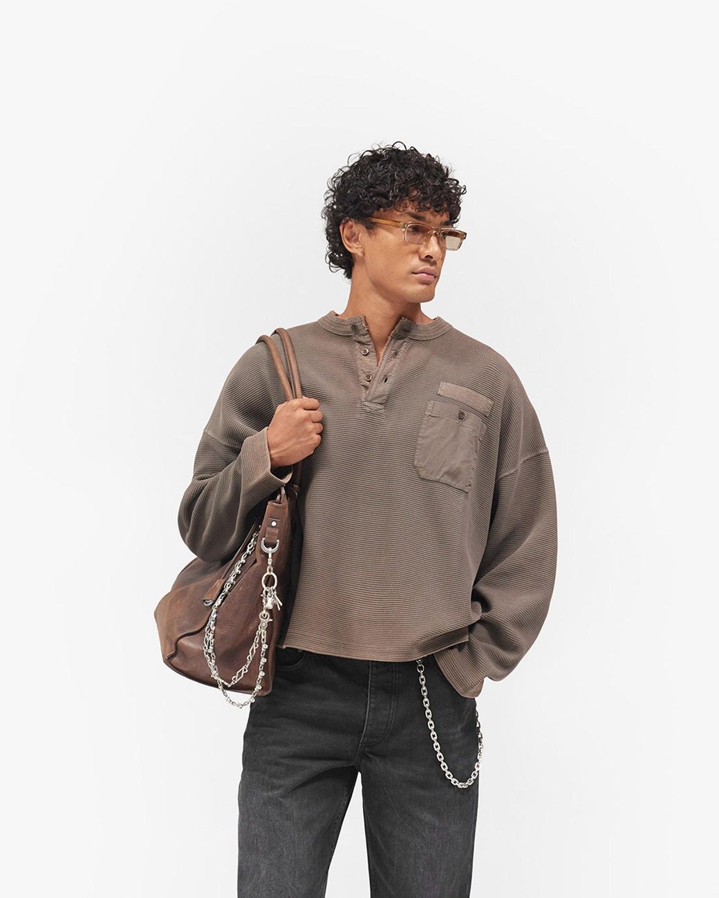 Represent Brown Heavyweight Henley Sweater for men