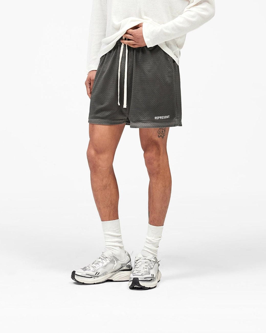 Represent Gray Washed Mesh Shorts for men