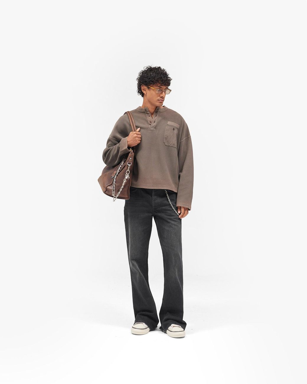 Represent Brown Heavyweight Henley Sweater for men