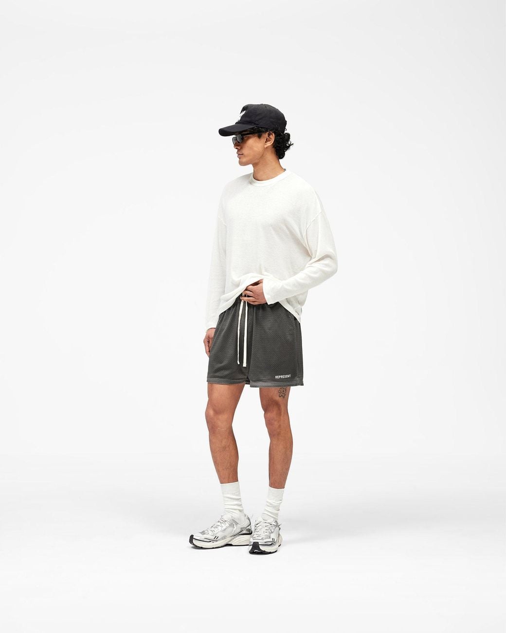 Represent Gray Washed Mesh Shorts for men