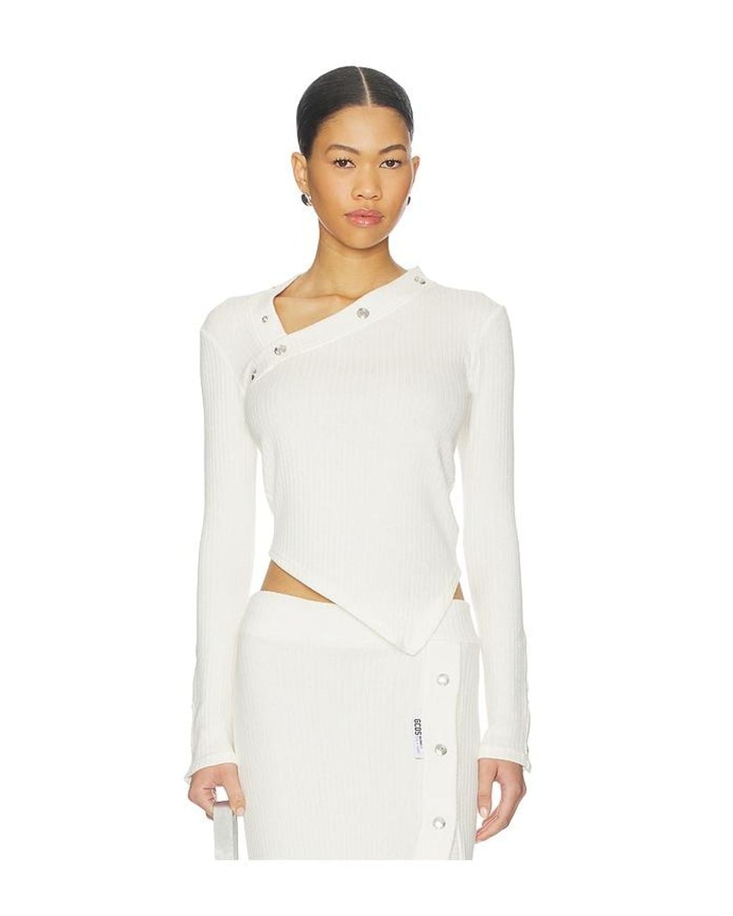 Gcds White Ribbed Snap Long Sleeve Top