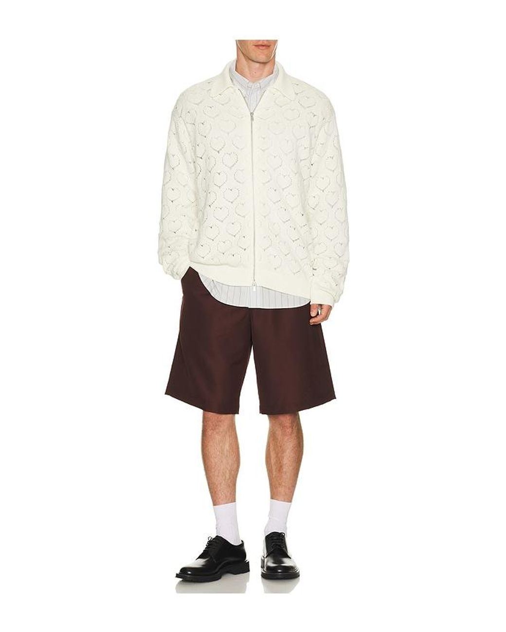 vowels White Eyelet Knitted Zip Up for men