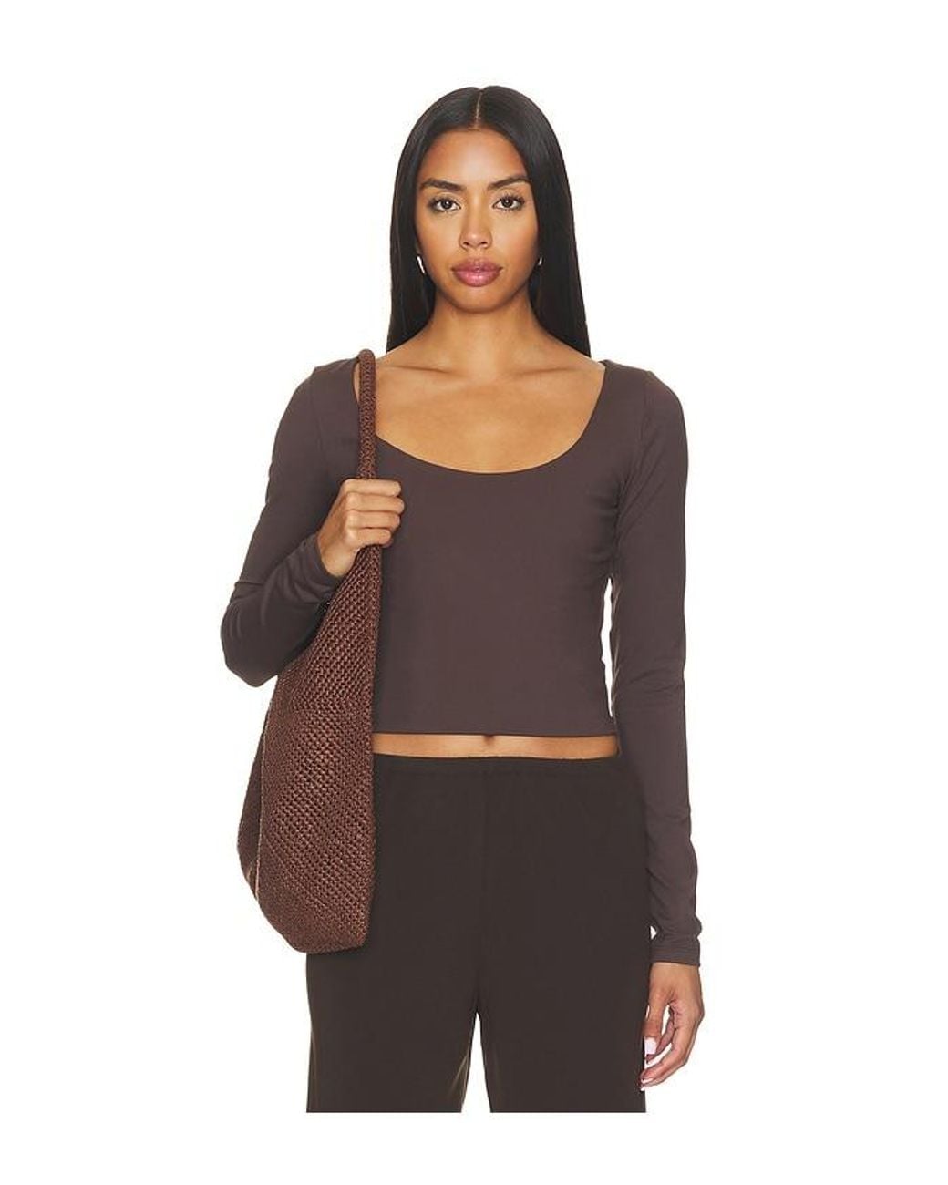 Susana Monaco Brown Essential Scoop Front Long Sleeve Top