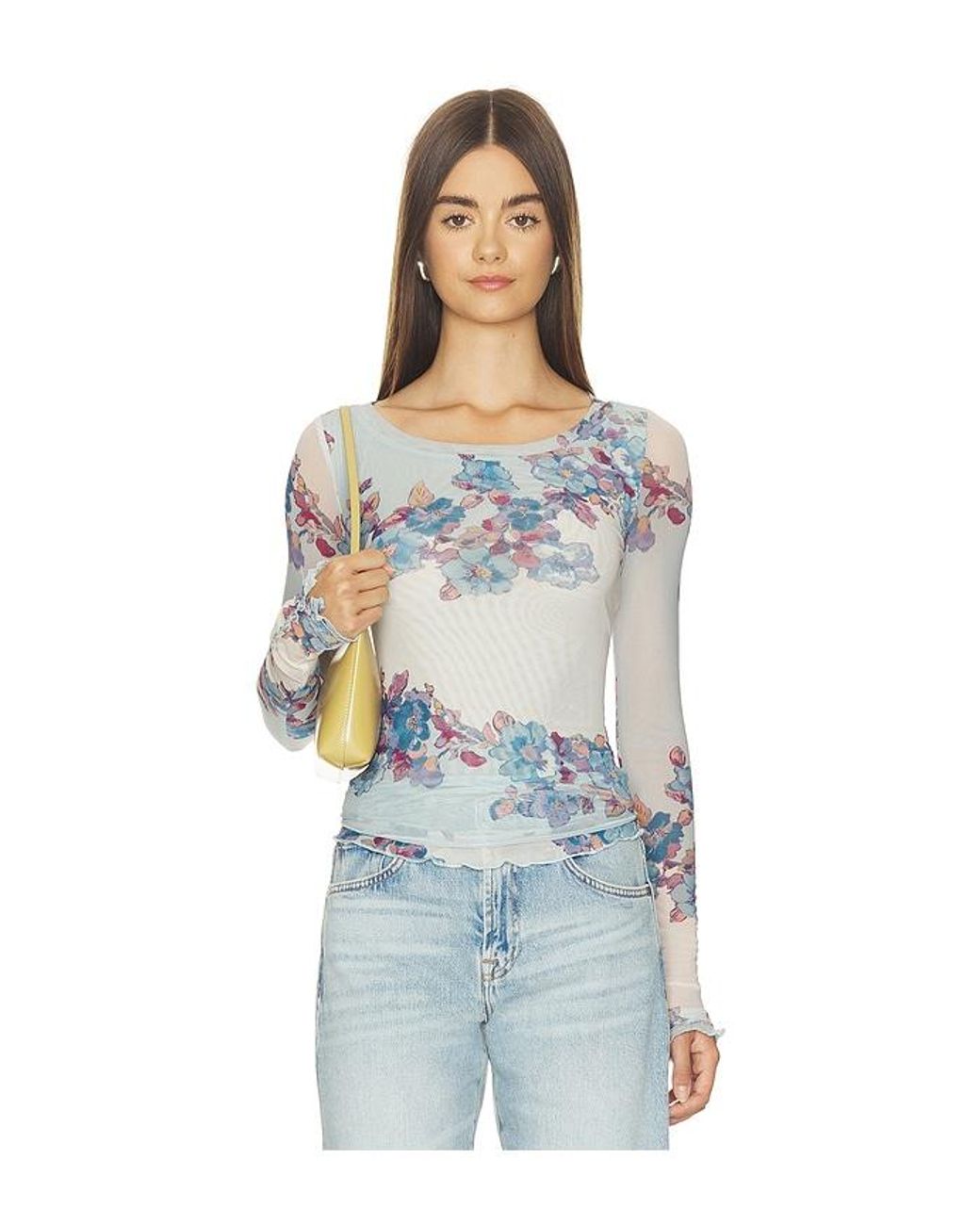 Free People Blue Lilly Printed Long Sleeve Top