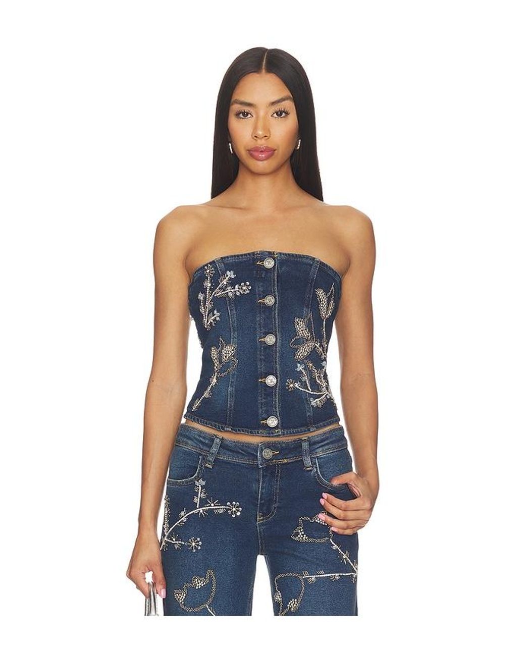 OW Collection Blue Nova Embellished Denim Top